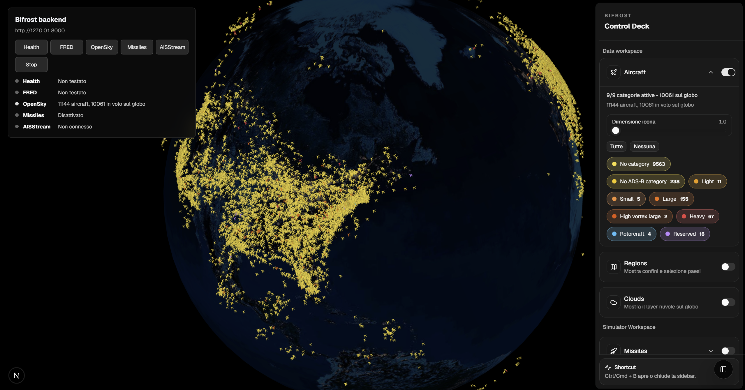 BIFROST Control Deck — Live traffic — 11,144 aircraft streamed from OpenSky onto the night globe
