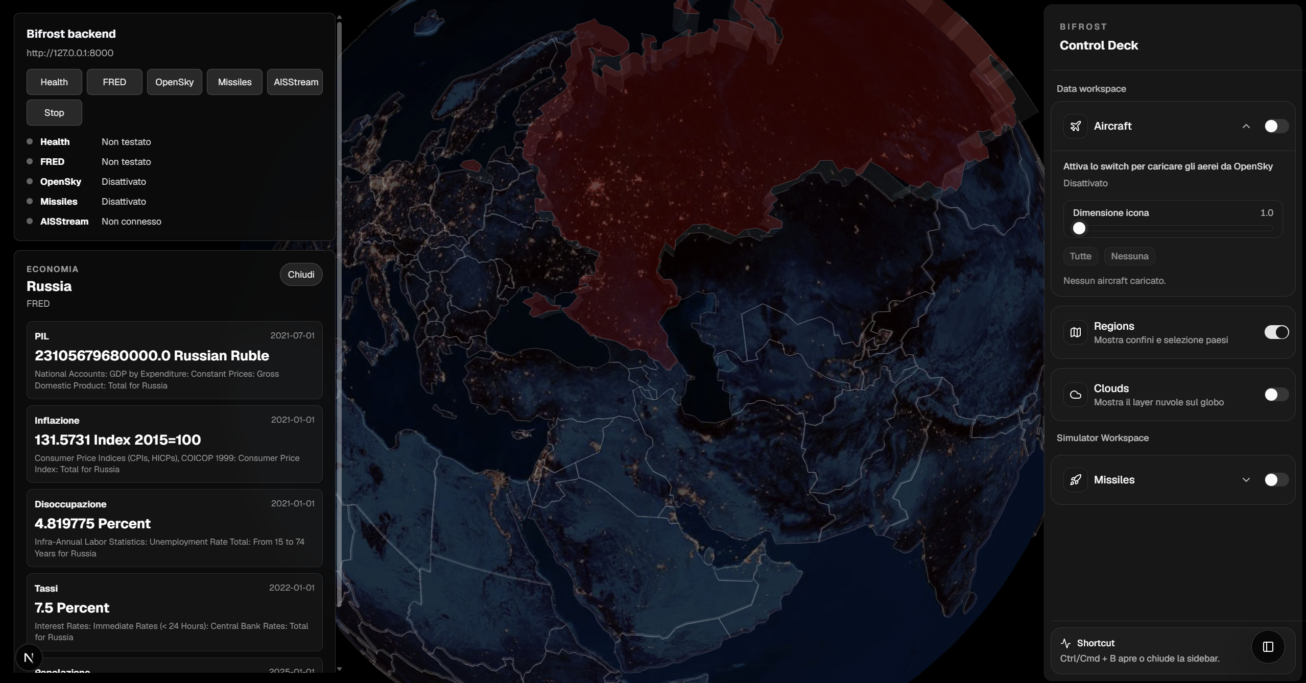 BIFROST Control Deck — Economic warfare — country selection with live FRED indicators