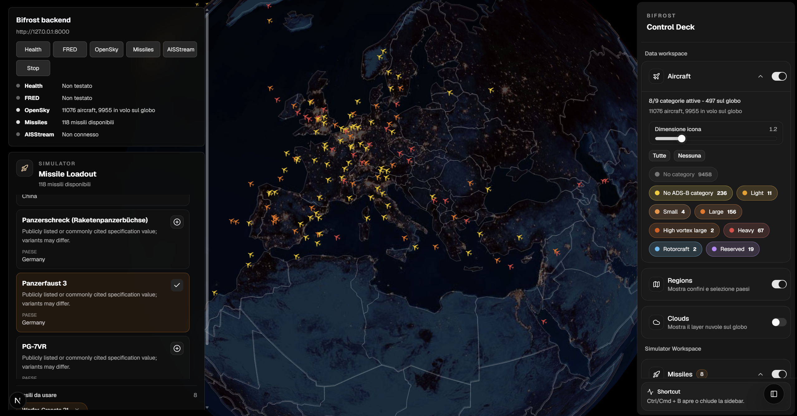 BIFROST Control Deck — Category filters — traffic over Europe, colored by ADS-B class