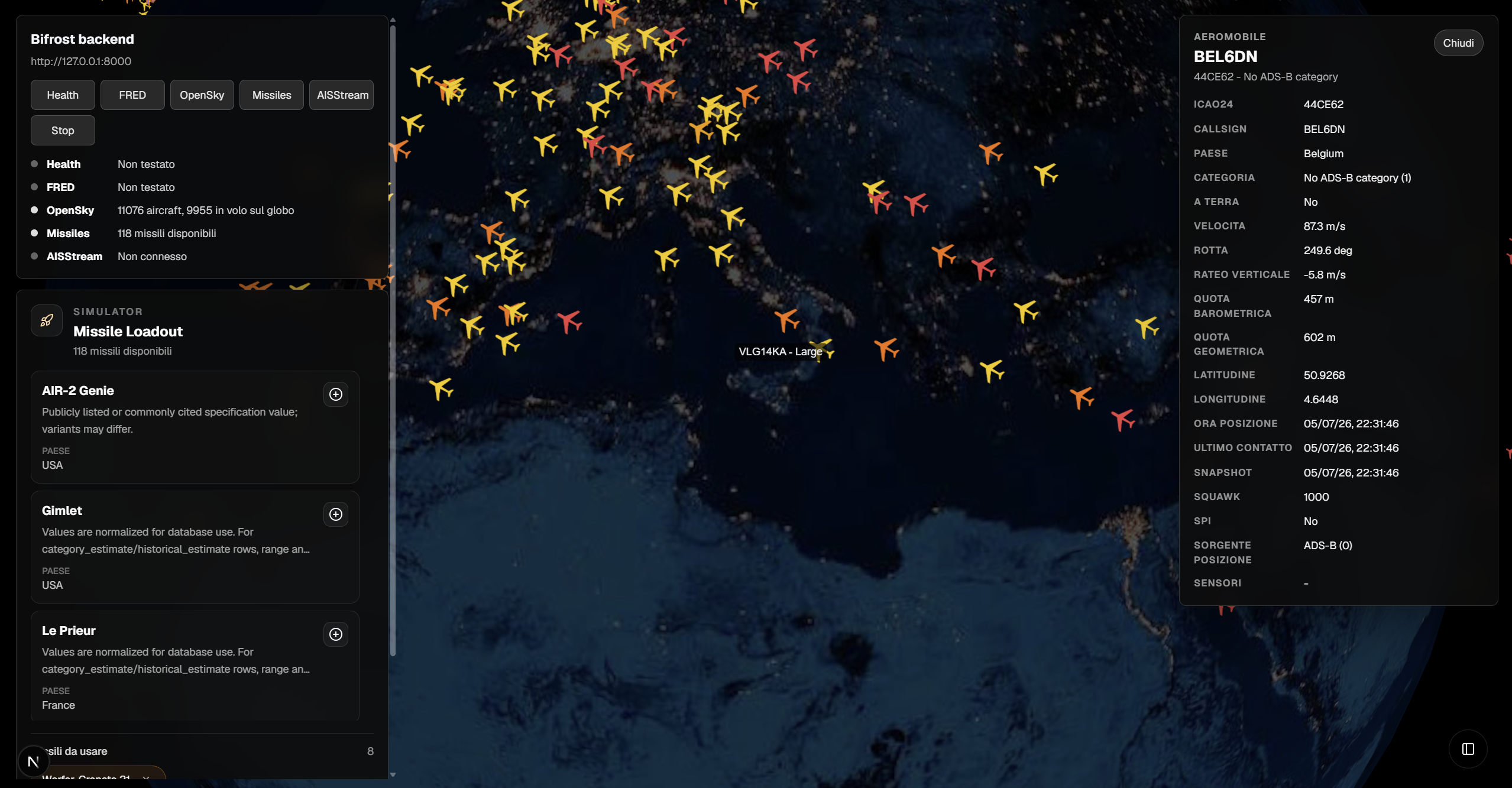 BIFROST Control Deck — Aircraft telemetry — callsign, route, altitude and live position per contact